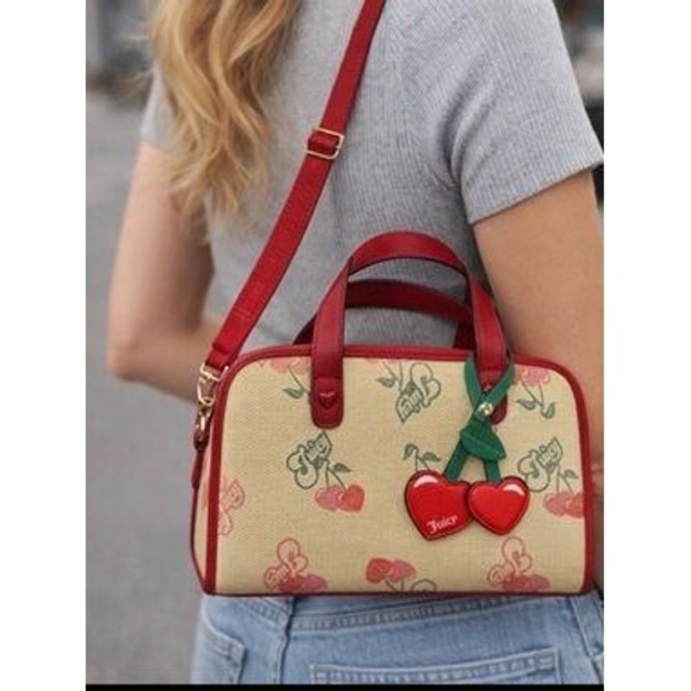 Juicy Couture Paradise Satchel Red Cherry Print Woven Straw Crossbody Bag NWT - Picture 2 of 12